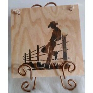 Handmade Cowboy Leaning on Fence Wood Burnished 8 1/2" X 8 1/2" Wall Hanging New
